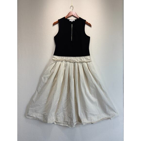 Plan C x RTR Knit Poplin Two Tone Pleated Midi Dress Sleeveless Black Beige Sz 8 - Picture 5 of 12